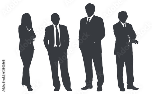 Business people group gray silhouettes pose on white background, flat line vector and illustration.