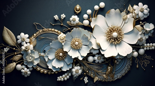 3d mural illustration white amp blue background with red golden jewelry and flowers in black decorat