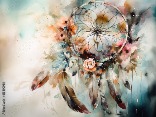 Unveil the beauty of a watercolor painting that portrays a dream catcher infused with vibrant and captivating hues. Generative AI..