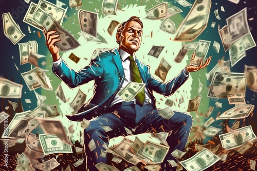 Photographie Politician Giving a Speech, with a Pile of Money Hidden Behind Him