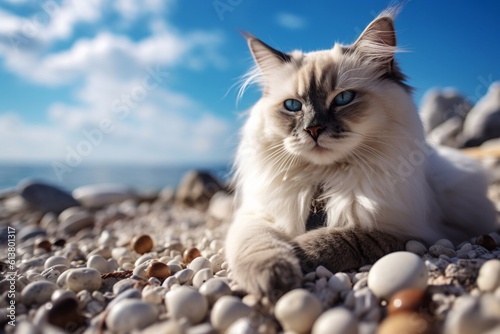 Portrait of a Ragdoll cat relaxing while enjoying the sunny atmosphere on the beach with a blue sky. Generative AI
