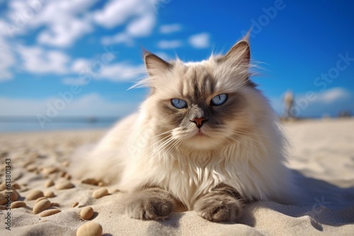 Portrait of a Ragdoll cat relaxing while enjoying the sunny atmosphere on the beach with a blue sky. Generative AI