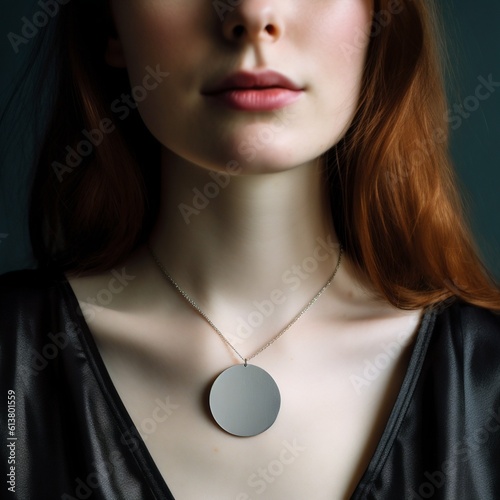 Woman Wearing Silver Round Blank Necklace. Generative ai