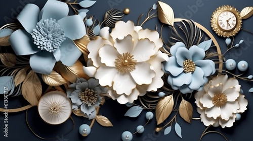 3d mural illustration white amp blue background with red golden jewelry and flowers in black decorat