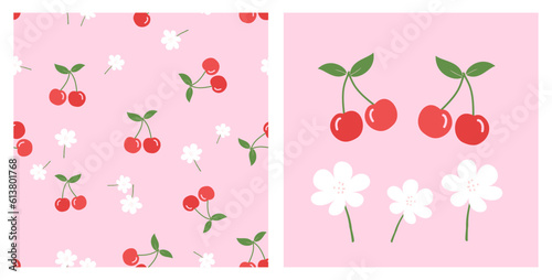 Seamless pattern of cherry fruit, green leaves and white flower on pink background. Cherry fruit and cute flower icon sign vector illustration.