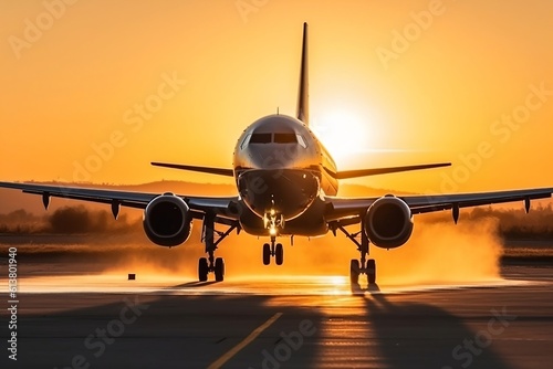airplane at sunset. 