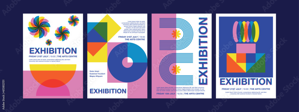 Geometric Retro Set of Poster Templates for Art Exhibition in Risograph Overlapping Minimalstic Modern Style - obrazy, fototapety, plakaty 