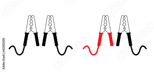Cartoon jumper cable or jumper lead for car. Booster cable icon. Plus and minus poles. Empty battery and charge the cars. Battery jumper power cables. Jump start vehicle cable. Charging battery sign.