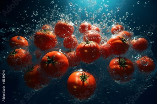 tomato falling into water. 