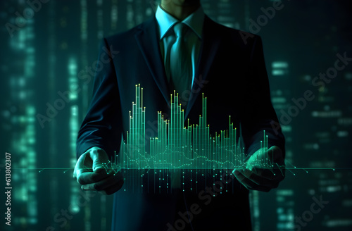 A businessman in a suit holding a digital graph with a hand in the background, Generative Ai