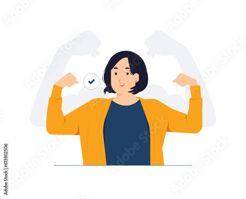 Strong powerful woman raises arms and shows biceps, has piercing in ear, Look at my muscles inner strength concept illustration
