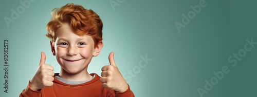 Small ginger red hair boy with freckles, smiling, showing approving thumbs up. He looks cute and innocent, but is probably naughty rascal. Wide banner space for text right side. Generative AI