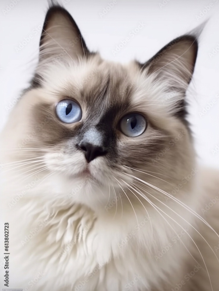 Close-up portrait of Ragdoll cat on white background. Generative AI 