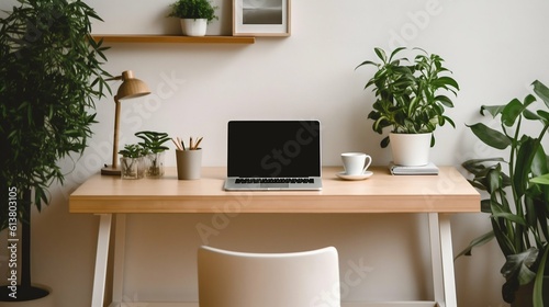 Minimalist Workspace Interior with Free Desk  Single Laptop  and Potted Plant. Generative ai