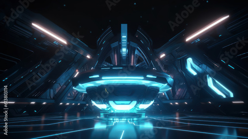 Blue spaceship interior with glowing, neon lights podium reflecting on the floor. Generative ai Futuristic corridor in space station with circles background.