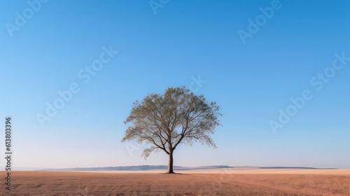 Minimalistic Outdoor Scene Featuring a Solitary Tree Against a Clear Blue Sky. Generative ai