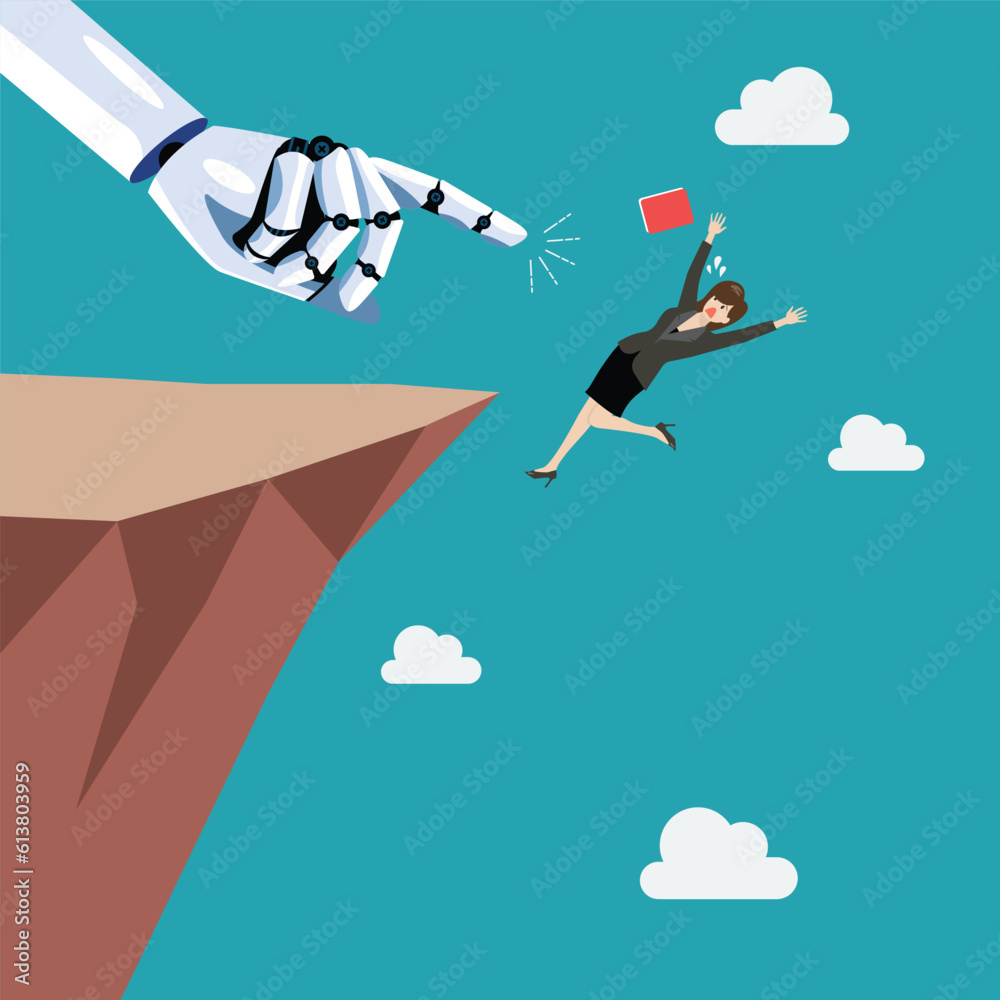Robot pushing business woman fall into the abyss Robot pushing business woman fall into the abyss