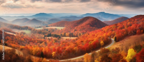 Panoramic View of Colorful Autumn Foliage Blanketing Rolling Hills and Valleys. Generative ai