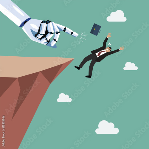 Robot pushing businesman fall into the abyss photo