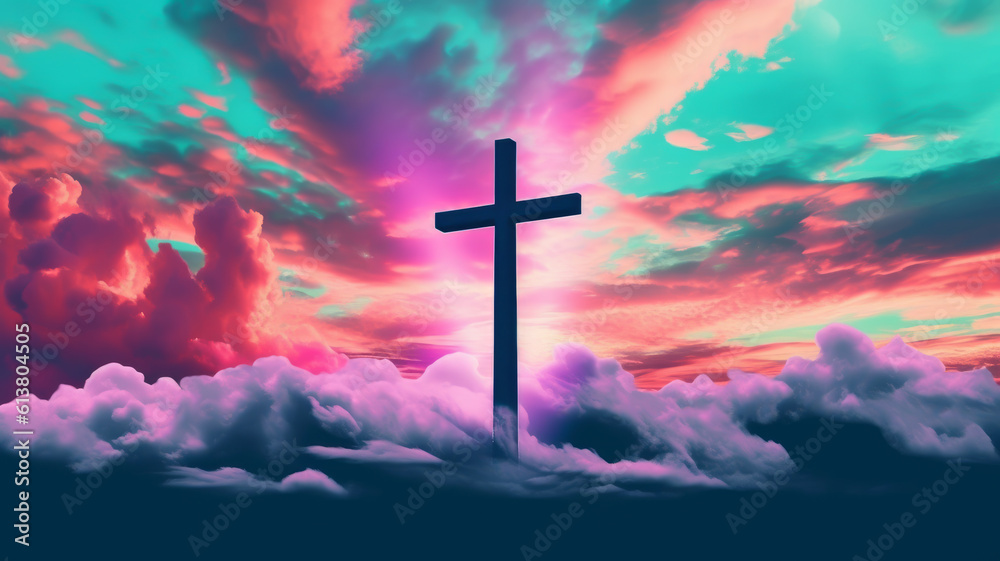 Jesus cross symbol on colorful clouds background. Generative AI colorful clouds background with Christian cross in the middle. Christian religion Cross on spiritual background. Jesus cross symbol on colorful clouds background. Generative AI colorful clouds background with Christian cross in the middle. Christian religion Cross on spiritual background.
