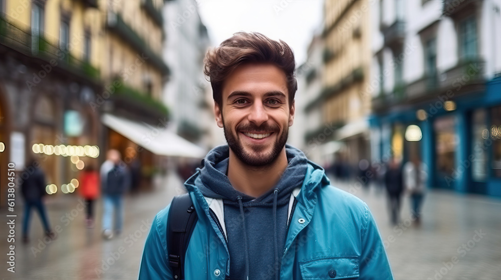 Fototapeta premium Portrait of A man taking in the middle of a street