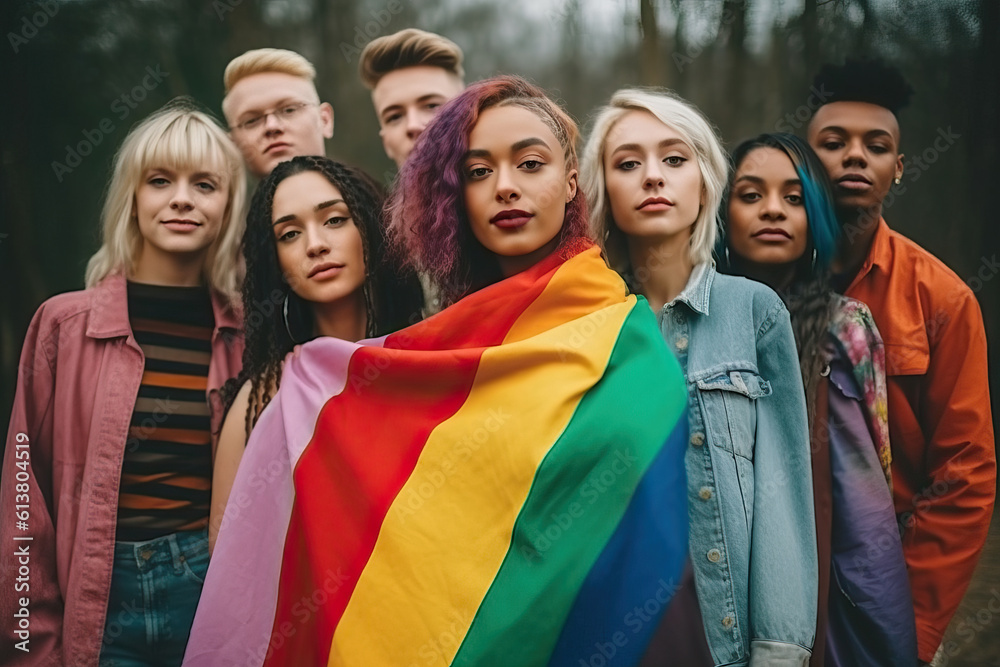 Photo of a group of LGBT friends posing together in a casual setting with the LGBT flag Photo of a group of LGBT friends posing together in a casual setting with the LGBT flag