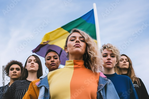 Photo of a group of LGBT friends posing together in a casual setting with the LGBT flag