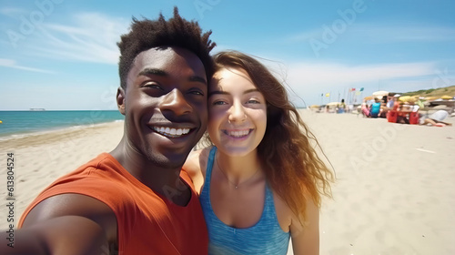 Photo of a multiracial couple capturing a moment on the sandy beach with a selfie