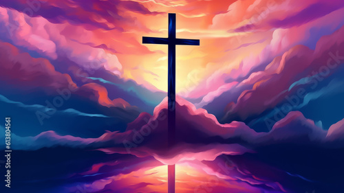 Fotografija Jesus cross symbol on colorful clouds background