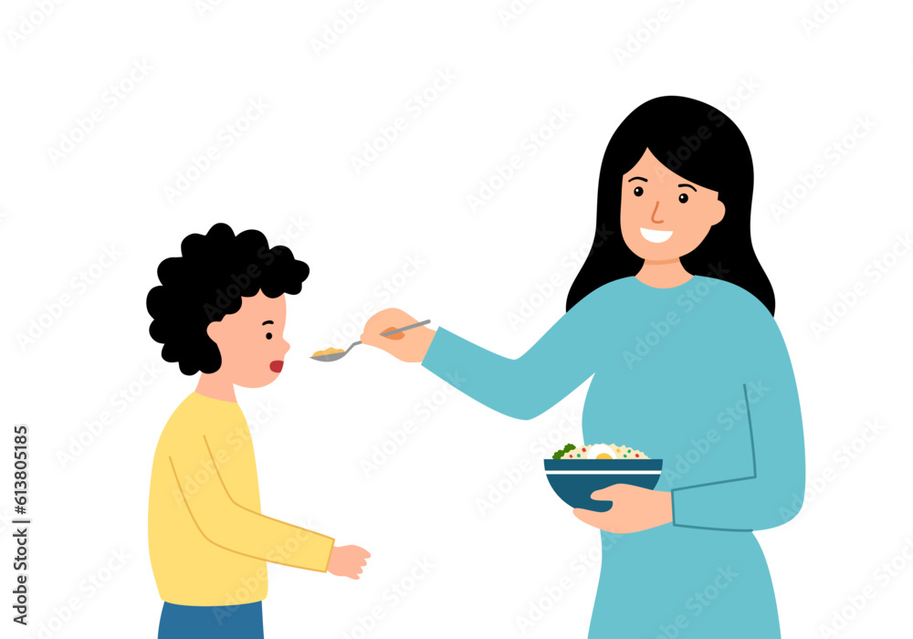 Mom feeding her child in flat design on white background.