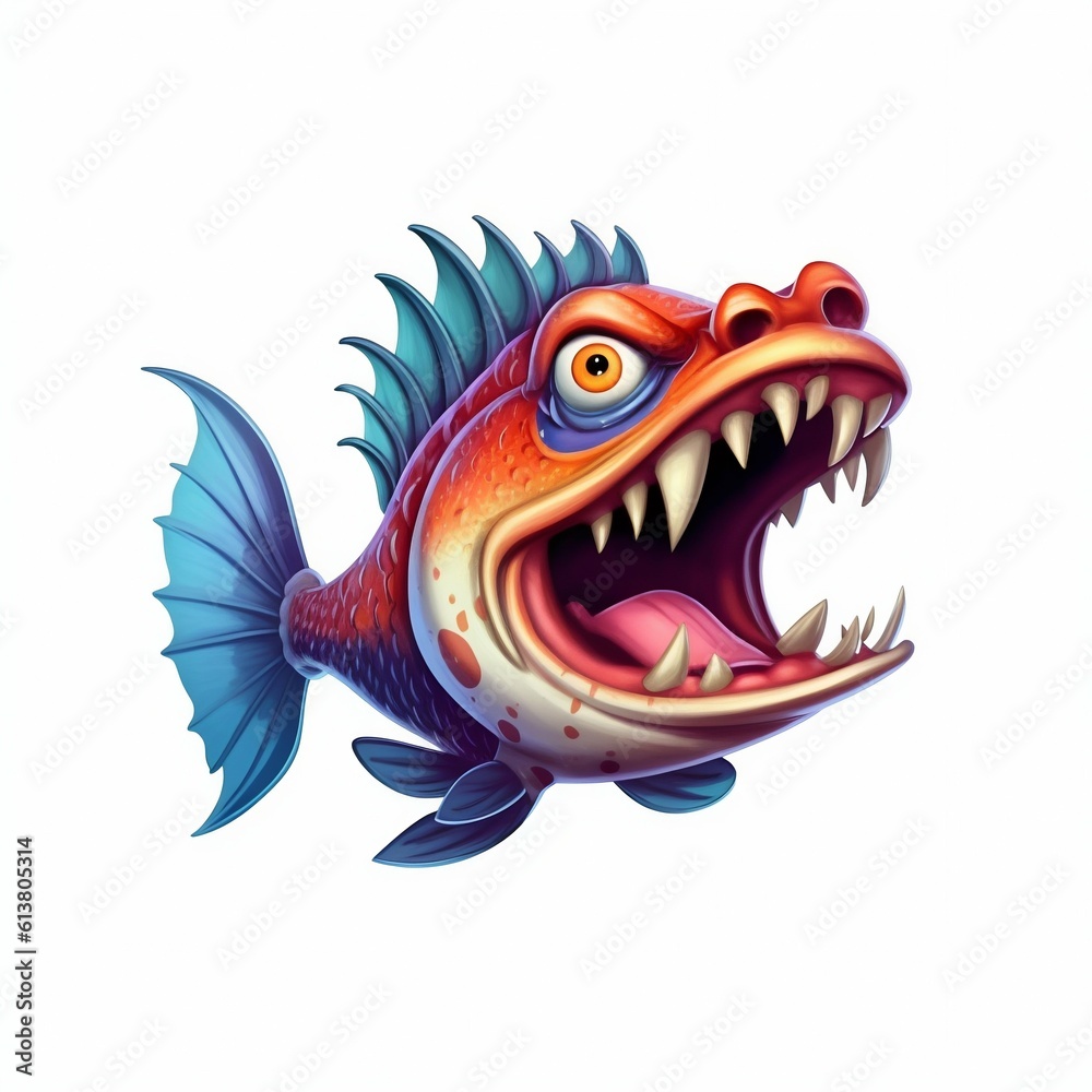 Obraz premium Angry Piranha Cartoon Character on White Background. Generative ai