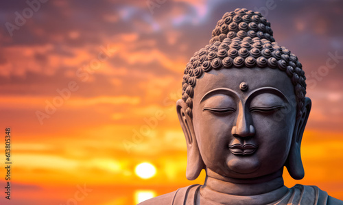 Tathagata Buddha statute, detail to head, orange sunset sky background, banner with copy space left side. Generative AI