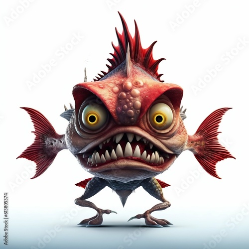 Scary Devil Fish Cartoon Character on White Background. Generative ai