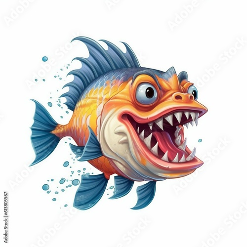 Angry Piranha Cartoon Character on White Background. Generative ai