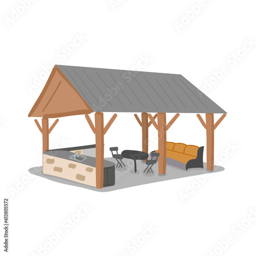 Gazebo with a roof and outdoor kitchen. Inside are a table and chairs. Summer kitchen in the residence with a sofa and a comfortable rest.