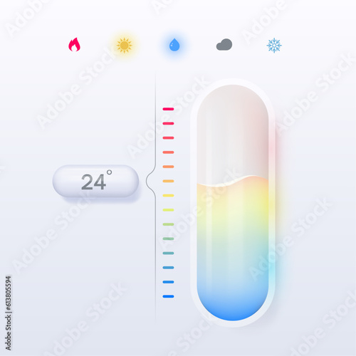 Glass weather thermometer with liquid and icons to visualize temperature and natural phenomena.