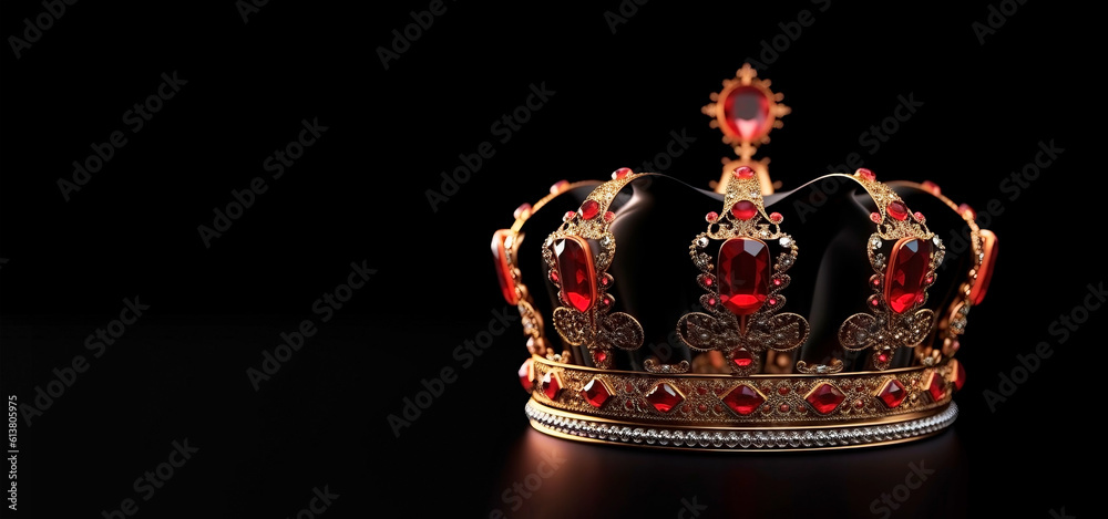 A golden and red crown with gems is on a dark background. Horizontal banner with a copy space for text or logo