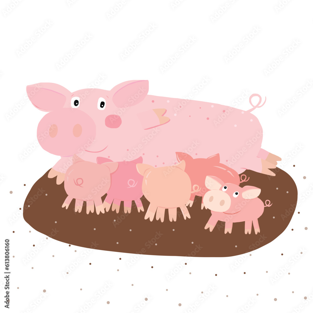 Vector illustration of mother pig feeding her little pigs Vector illustration of mother pig feeding her little pigs
