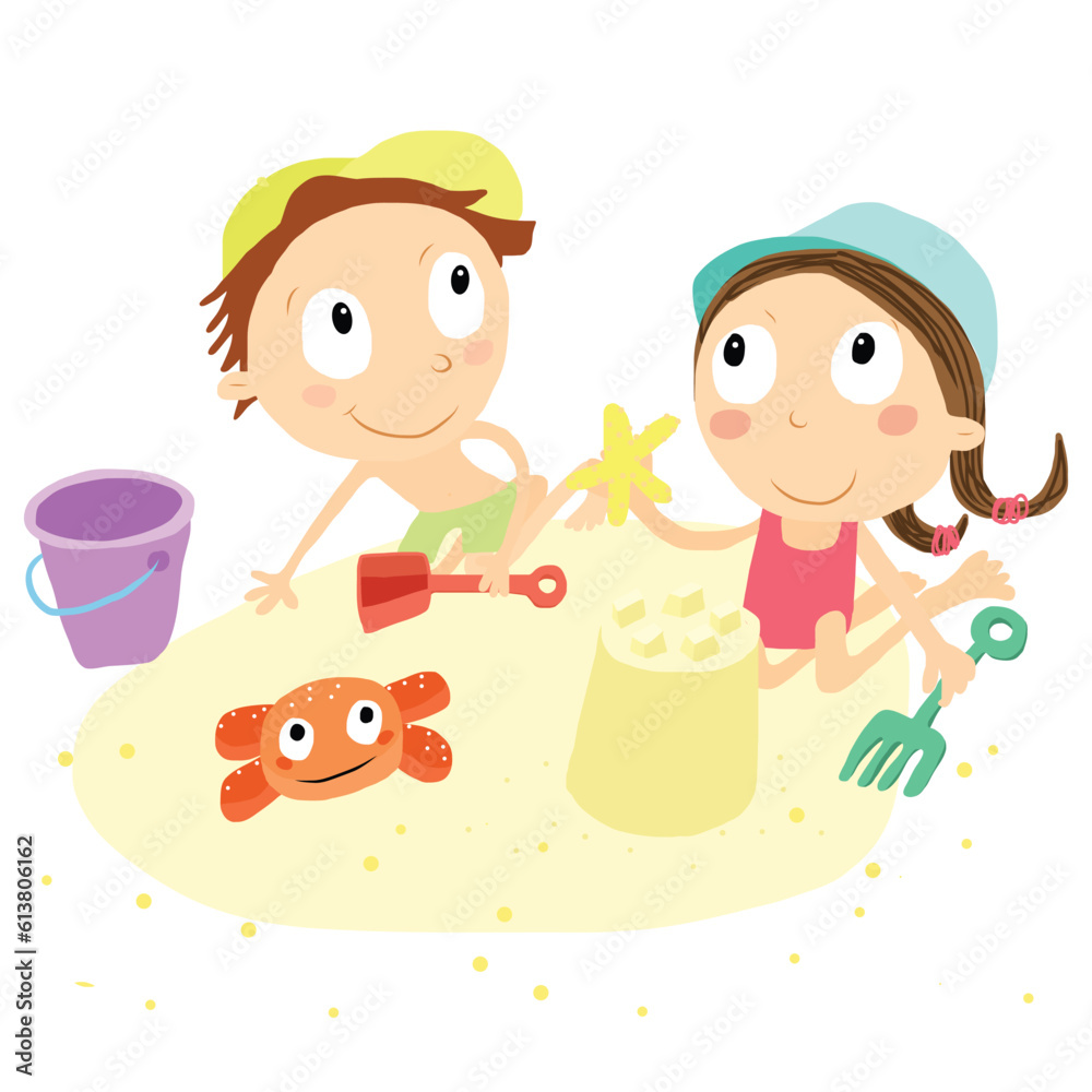 Vector illustration of children playing on the beach and making sand castles