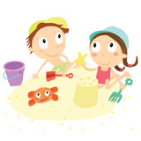 Vector illustration of children playing on the beach and making sand castles