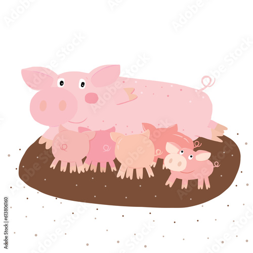 Vector illustration of mother pig feeding her little pigs