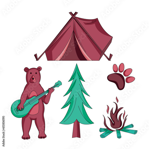 Camping icon collection. Bear with guitar, camp tent, tree, fire vector illustration