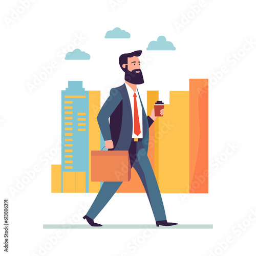 A attractive young man walks towards his office with a coffee mug in his hand, a buildings in the background and cloudy weather using vector illustration art
