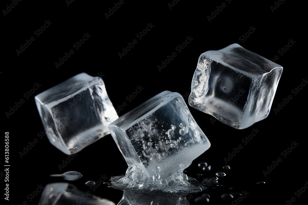 Obraz premium Three ice cubes, isolated on dark black background