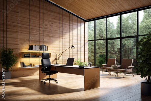 an office with wood desks and glass walls, in the style of high detailed, grey academia, wood, photo-realistic landscapes, vintage minimalism, light silver and light brown  © Miracle