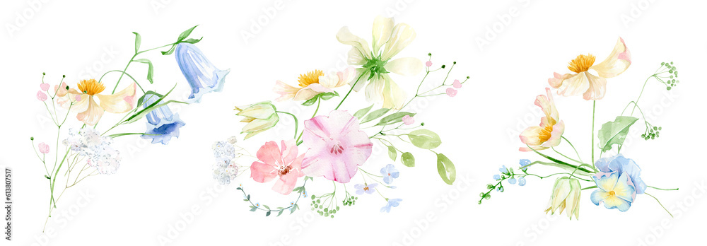 Summer wild grass, watercolor wild flowers isolated on white background, cute  tiny gentle flowers, watercolor wild flowers and leaves, flowers in tea cup, summer wedding and greeting illustration