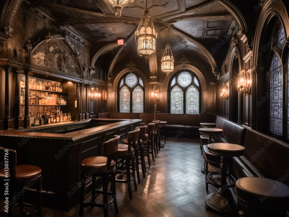 Gothic speakeasy bar. Explore the hidden realm of a gothic speakeasy