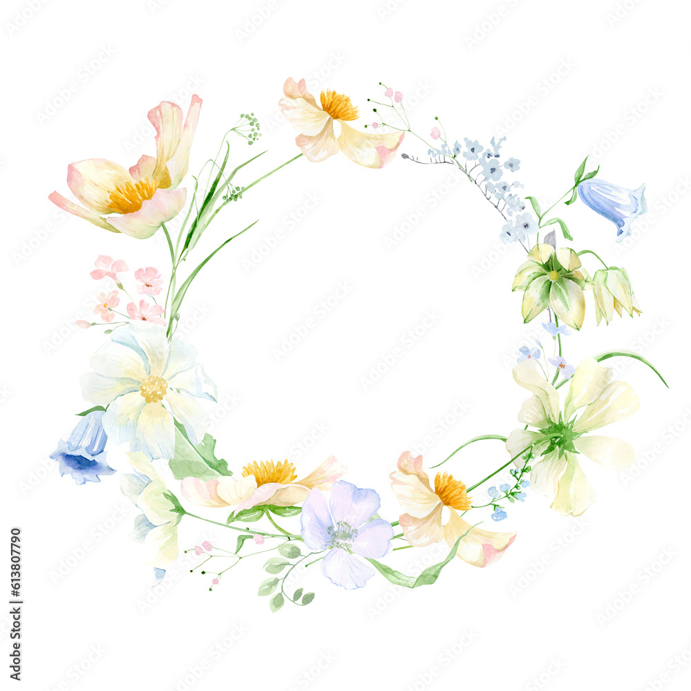 Summer wild grass, watercolor wild flowers isolated on white background, cute  tiny gentle flowers, watercolor wild flowers and leaves, flowers in tea cup, summer wedding and greeting illustration