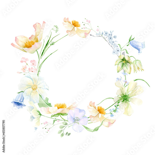 Summer wild grass, watercolor wild flowers isolated on white background, cute tiny gentle flowers, watercolor wild flowers and leaves, flowers in tea cup, summer wedding and greeting illustration