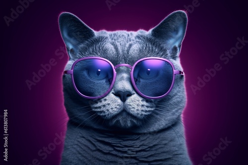 Fototapeta Close-up portrait of beautiful Russian blue cat using purple sunglasses on black background